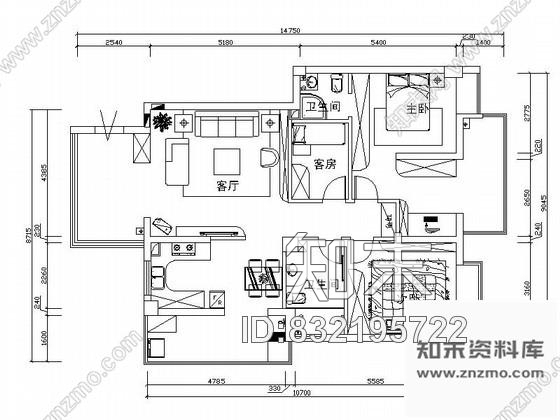 图块/节点住宅三居室平面布置图cad施工图下载【ID:832195722】