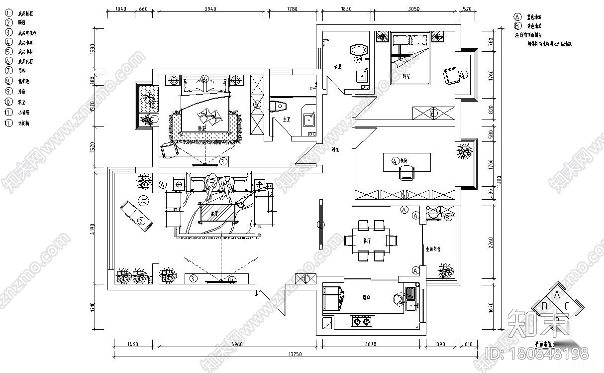 新中式130㎡3室2厅2卫住宅装修施工设计cad施工图下载【ID:180848198】