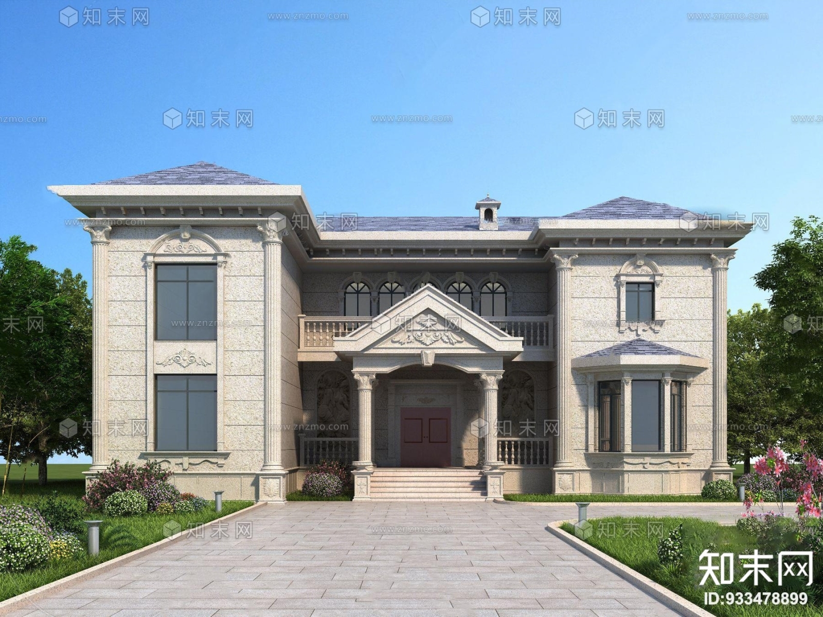 欧式别墅外观3D模型下载【ID:933478899】