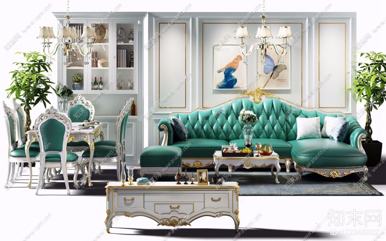 欧式皮革沙发茶几餐桌椅电视柜酒柜吊灯组合3D模型下载【ID:122385002】