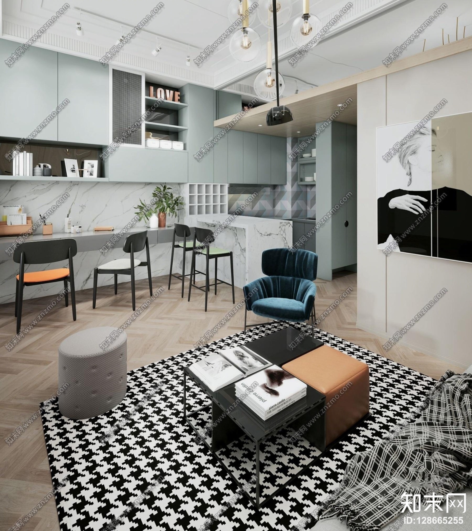 现代小户型客厅餐厅3D模型下载【ID:128665255】