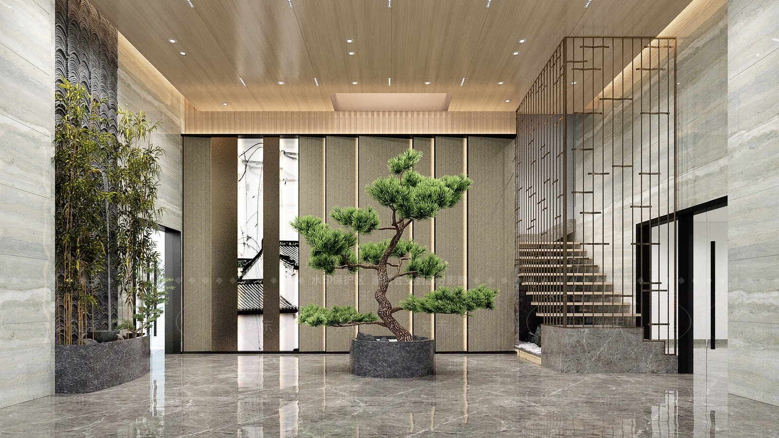 新中式轻奢酒店楼梯过道3D模型下载【ID:982635026】