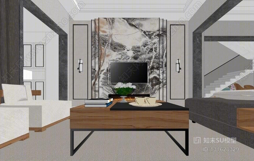 现代复式别墅室内设计SU模型下载【ID:131628329】