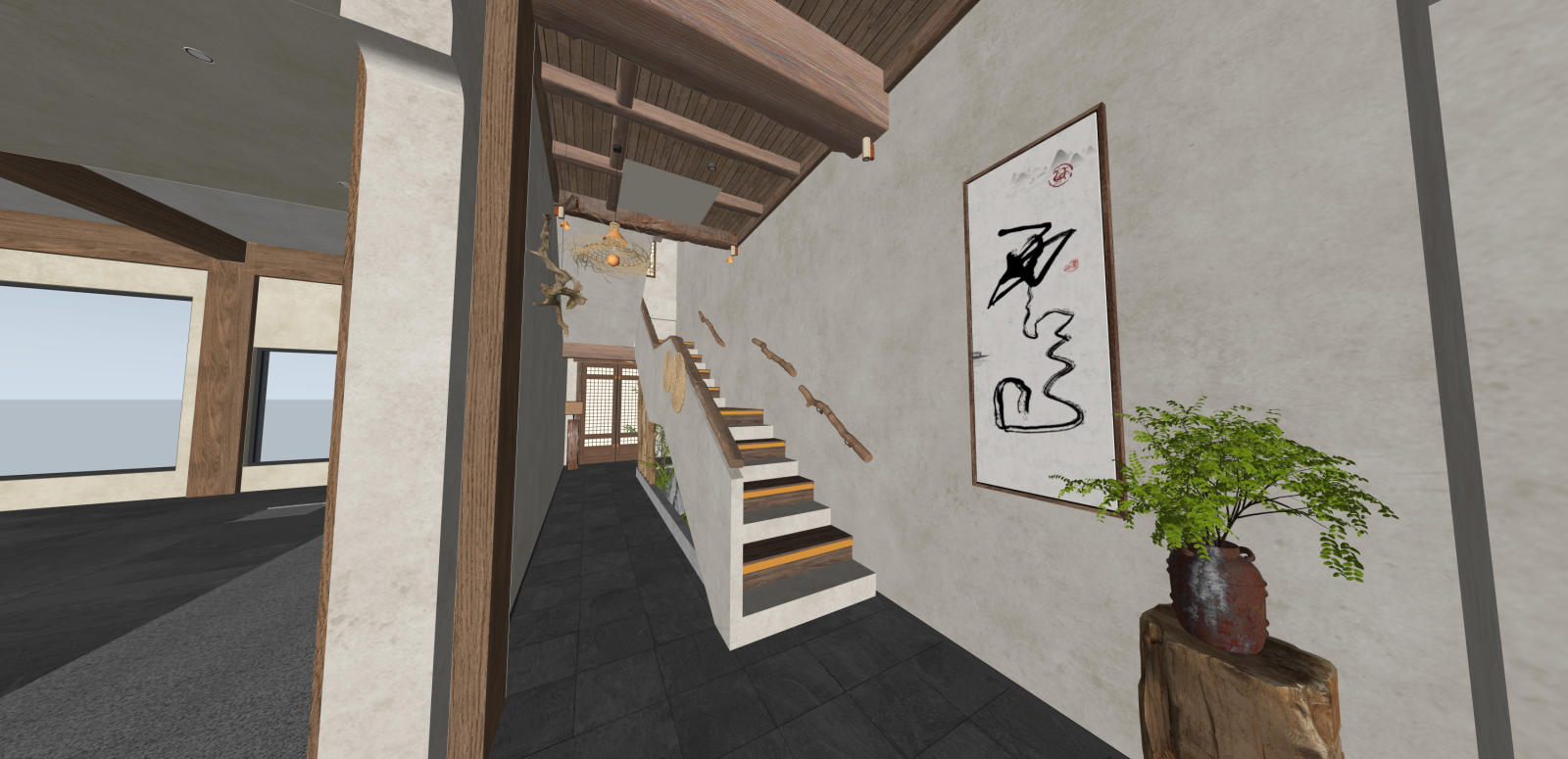 日式楼梯间SU模型下载【ID:1216049329】