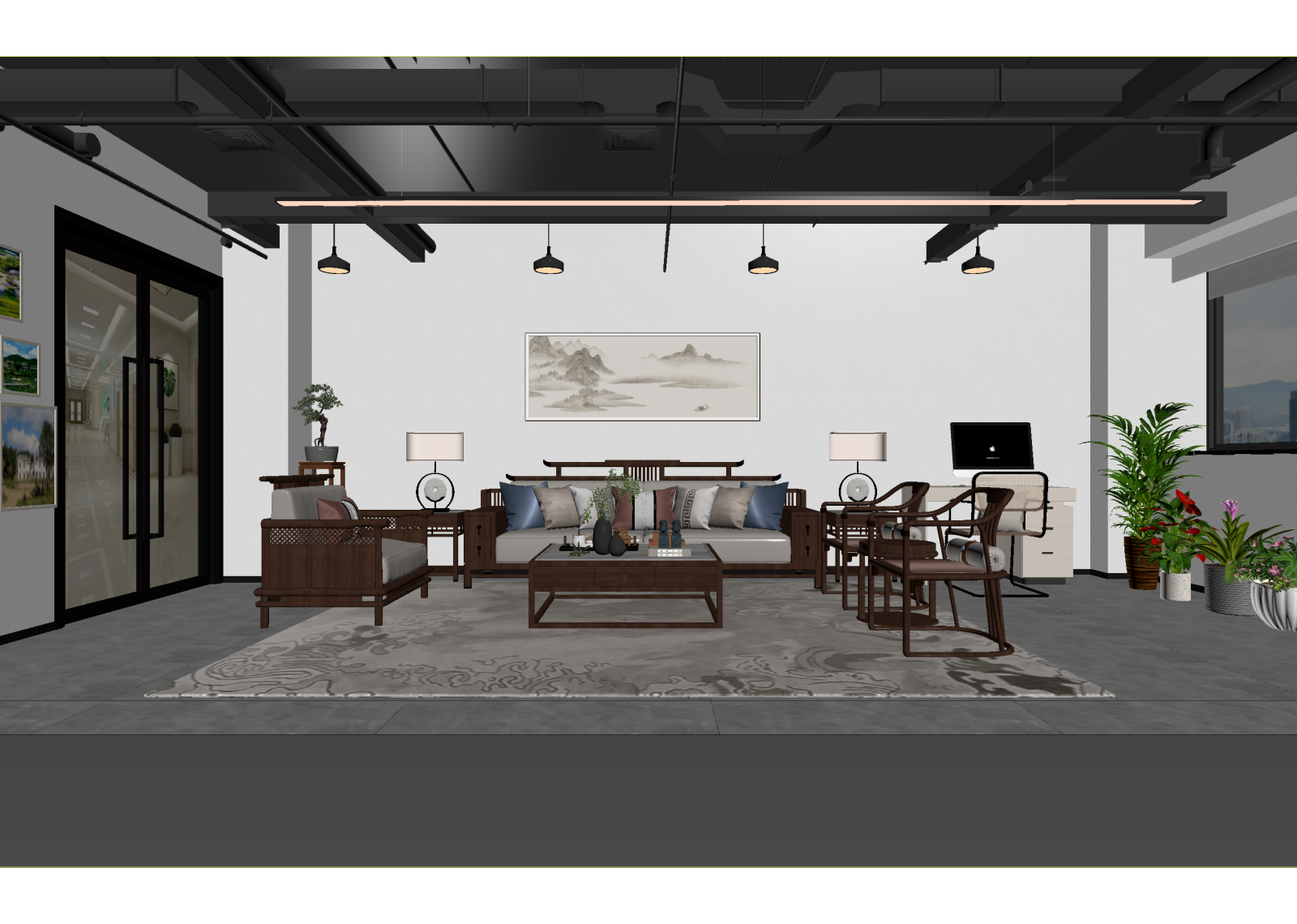新中式办公大厅3D模型下载【ID:1214593102】