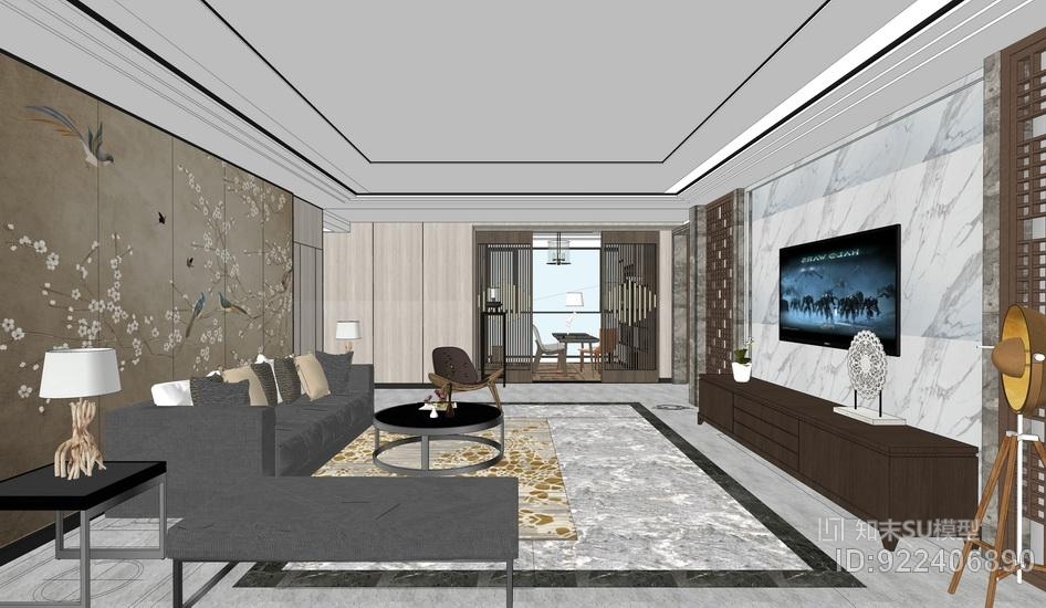 新中式客厅餐厅茶室室内设计SU模型下载【ID:922406890】