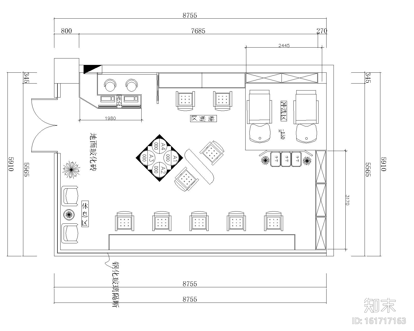 某理发店室内装修施工图设计（附效果图）cad施工图下载【ID:161717163】