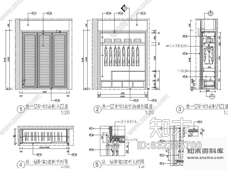 图块/节点卧室三门衣柜详图施工图下载【ID:832235700】