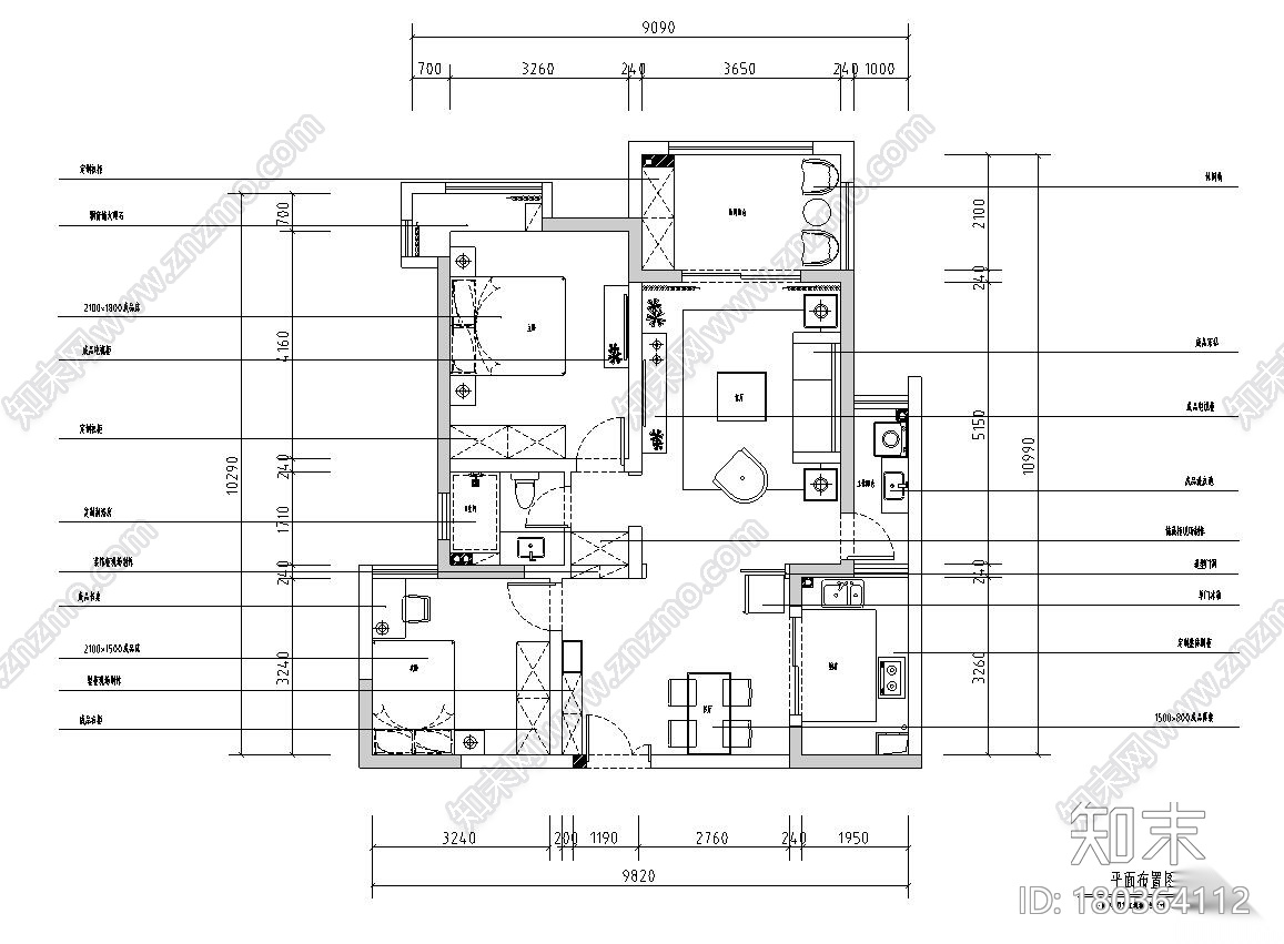 现代美式风格两室两厅住宅装修施工图设计施工图下载【ID:180364112】