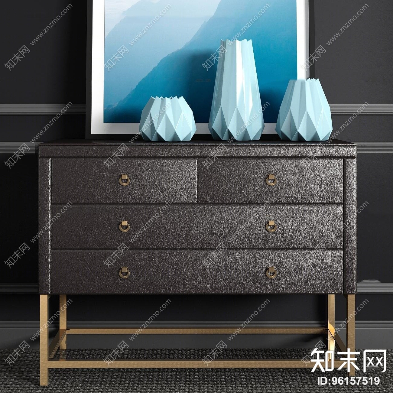 现代边柜装饰画陶器饰品摆件组合3D模型下载【ID:96157519】