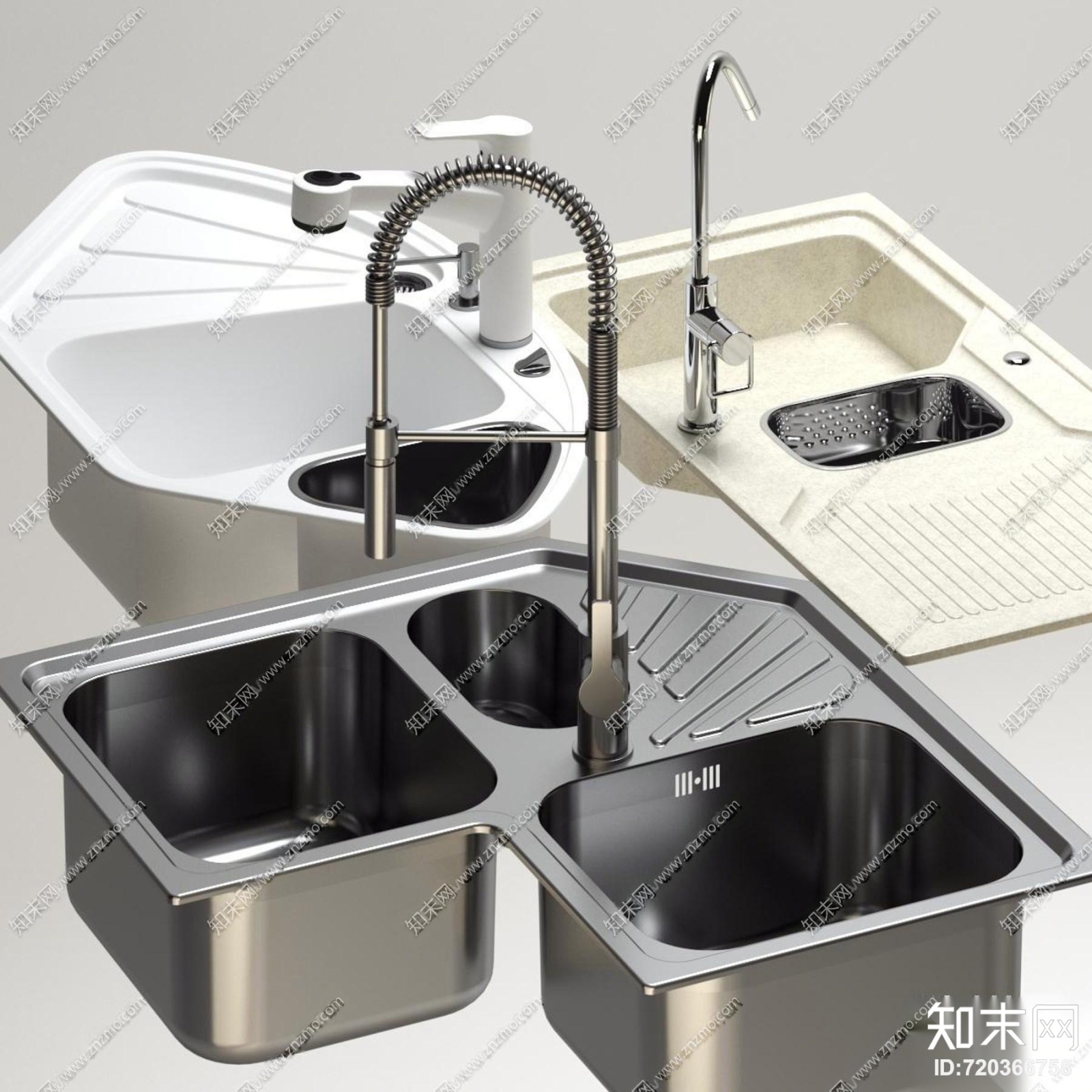 现代不锈钢洗手盆组合3D模型下载【ID:720366758】