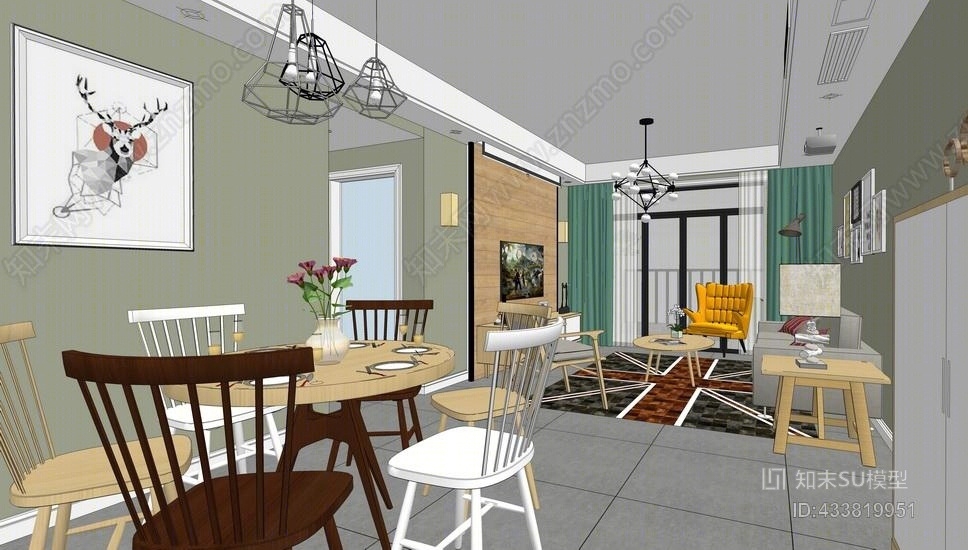 北欧风格三房两厅室内设计SU模型下载【ID:433819951】