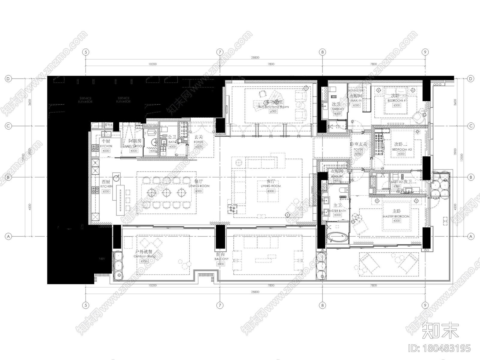 ​[三亚]353㎡三居室公寓样板间设计施工图施工图下载【ID:180483195】