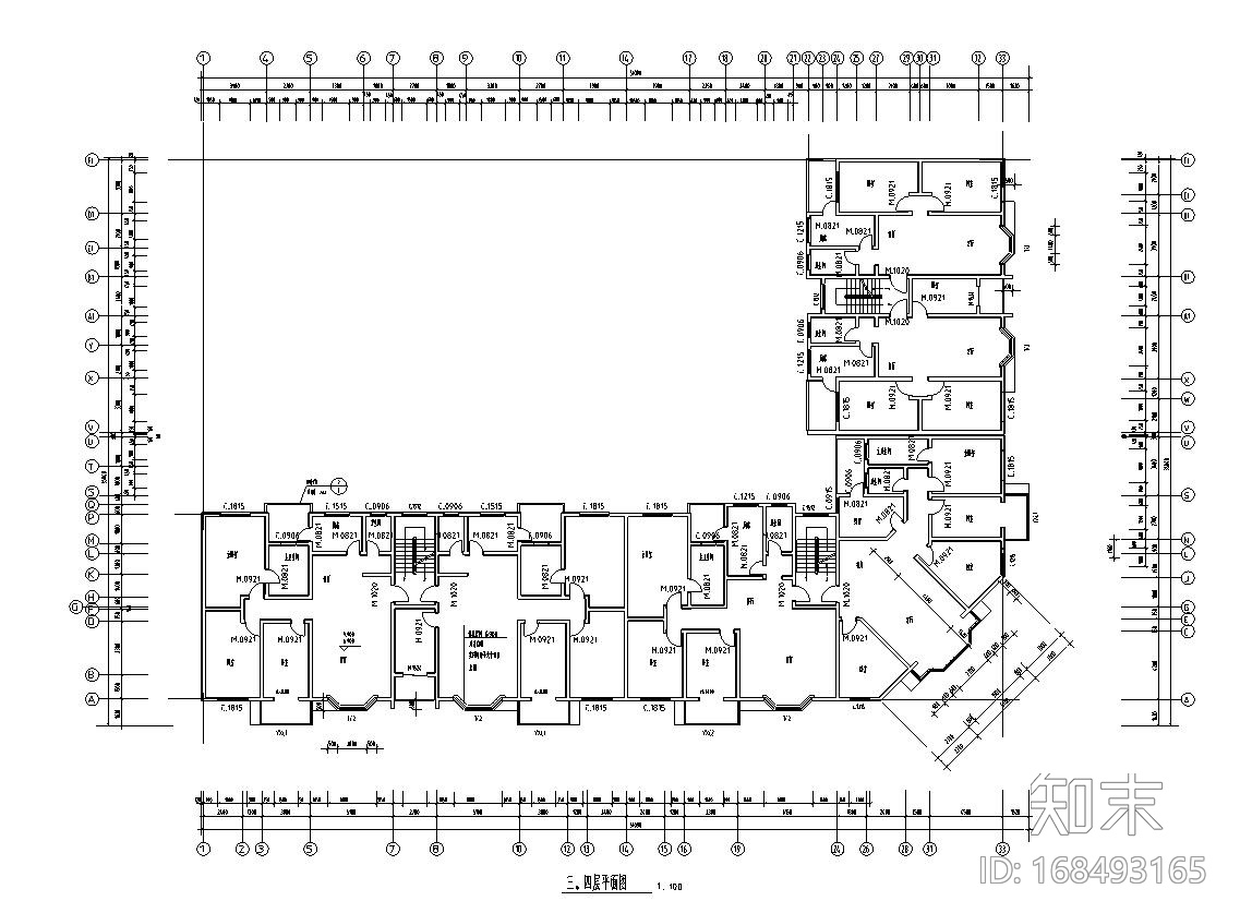 六层L型住宅三单元混合户型图设计施工图下载【ID:168493165】