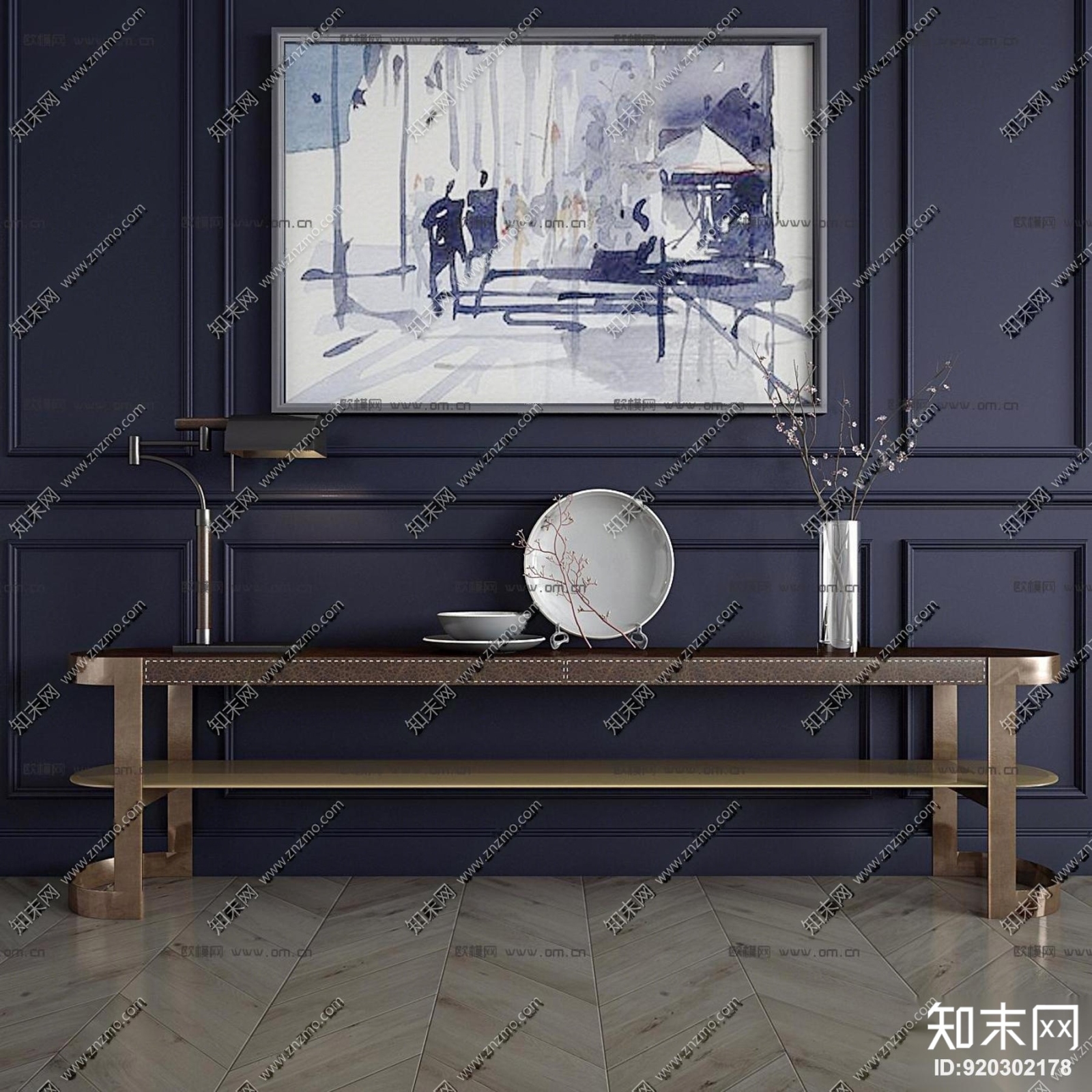 现代玄关端景柜花瓶台灯陶器装饰画组合3D模型下载【ID:920302178】