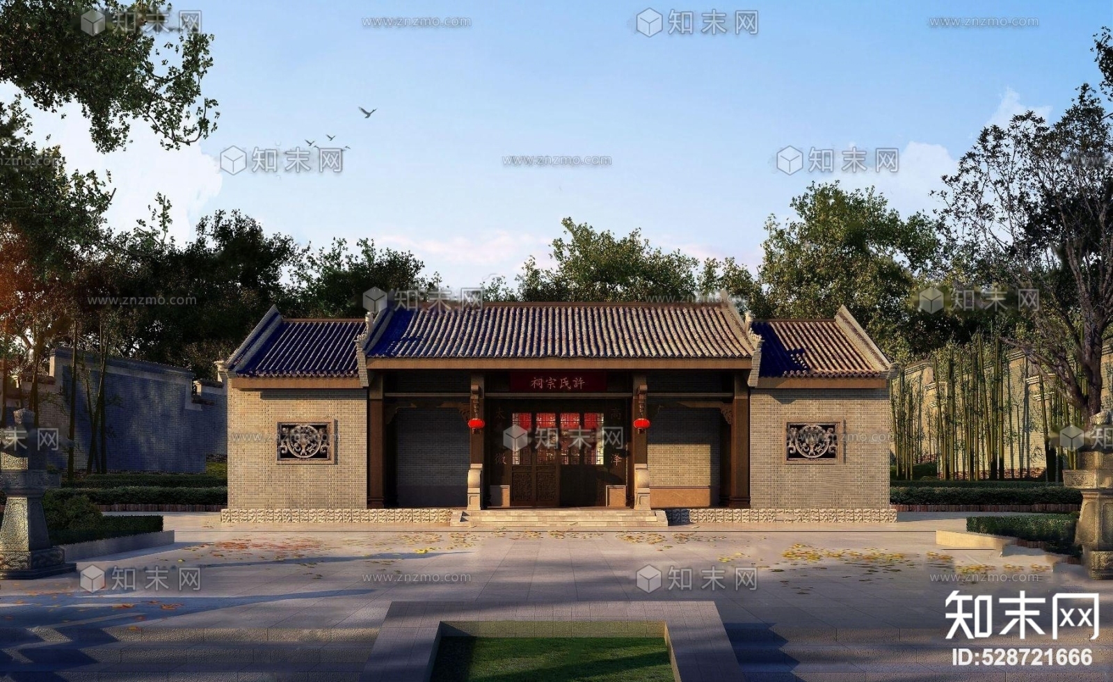 中式祠堂建筑外观3D模型下载【ID:528721666】
