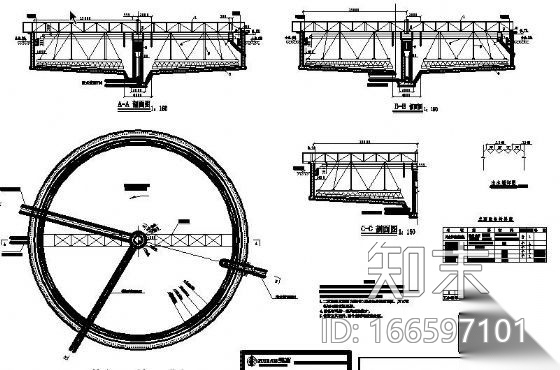 辐流式二沉池平面图、剖面图cad施工图下载【ID:166597101】