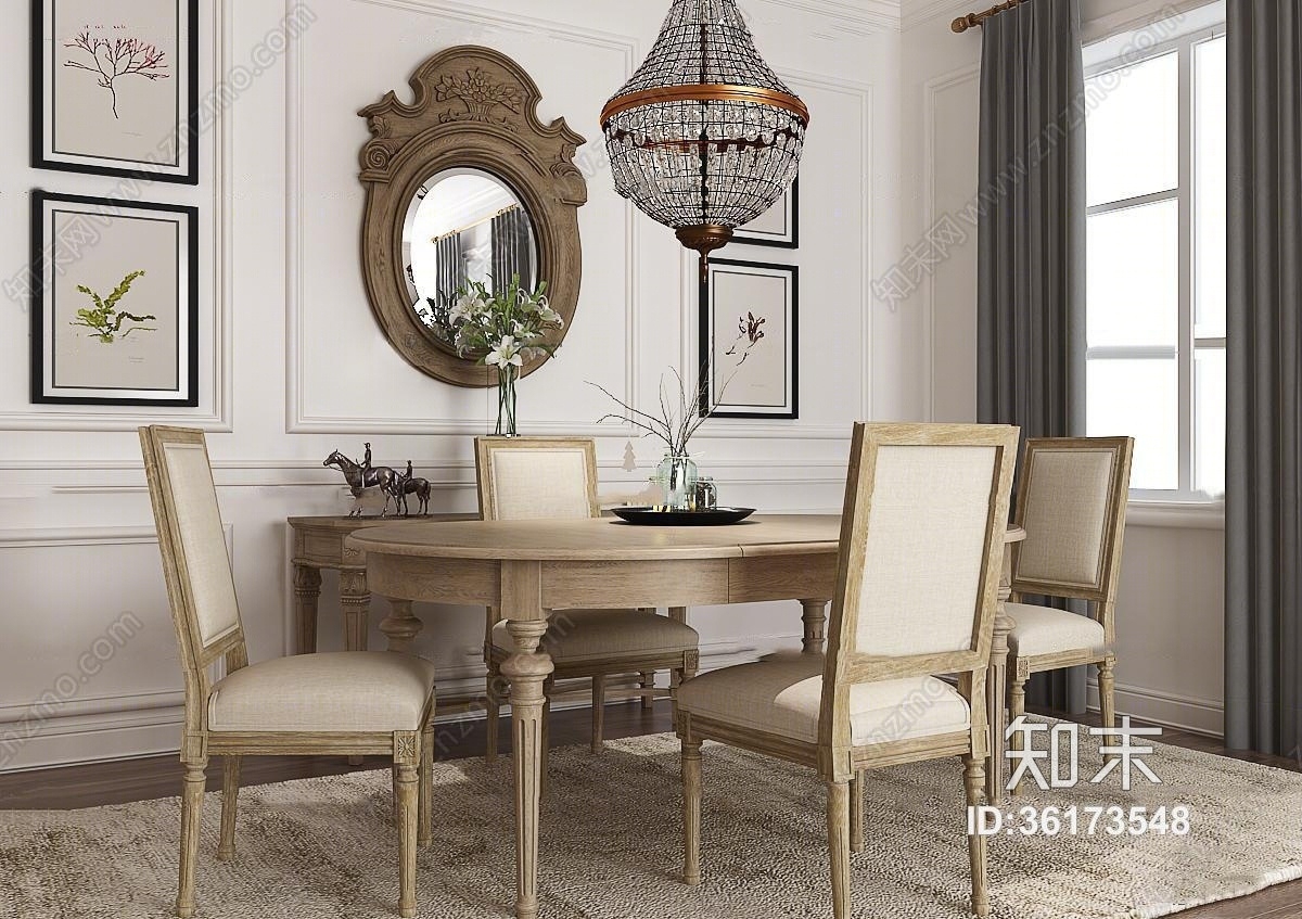 美式餐桌椅吊灯装饰镜组合3D模型下载【ID:36173548】