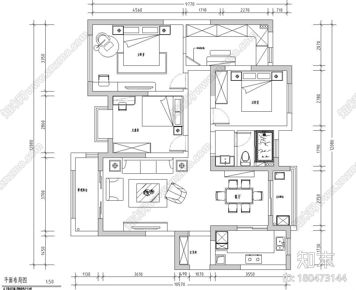 美式简约128㎡三房两厅两卫住宅装修施工图cad施工图下载【ID:180473144】