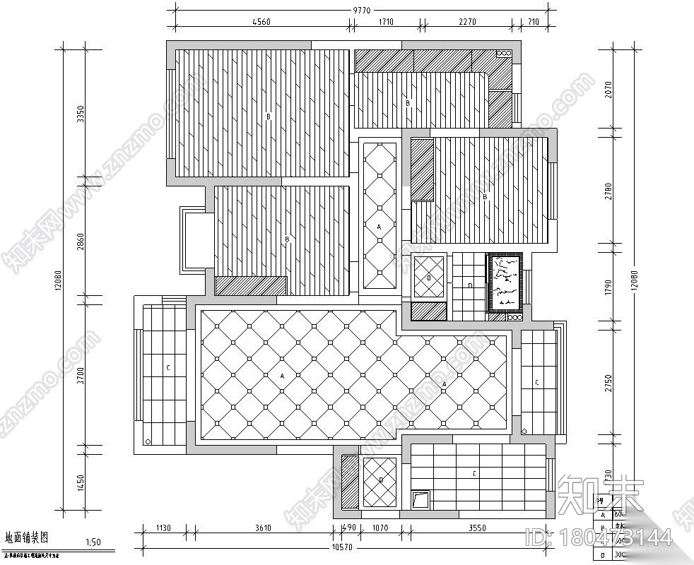 美式简约128㎡三房两厅两卫住宅装修施工图cad施工图下载【ID:180473144】