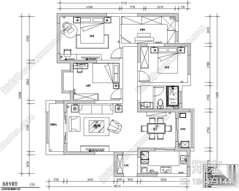 美式简约128㎡三房两厅两卫住宅装修施工图cad施工图下载【ID:180473144】