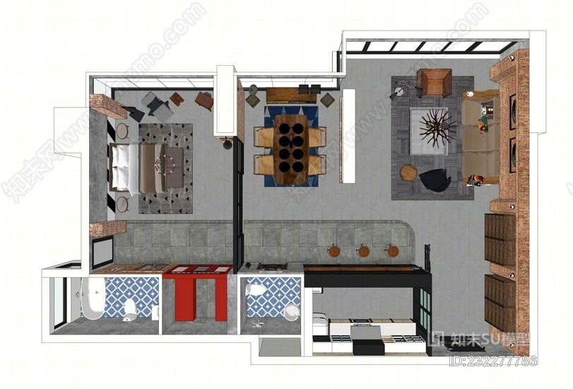 现代工业风单身公寓室内设计SU模型下载【ID:232277786】
