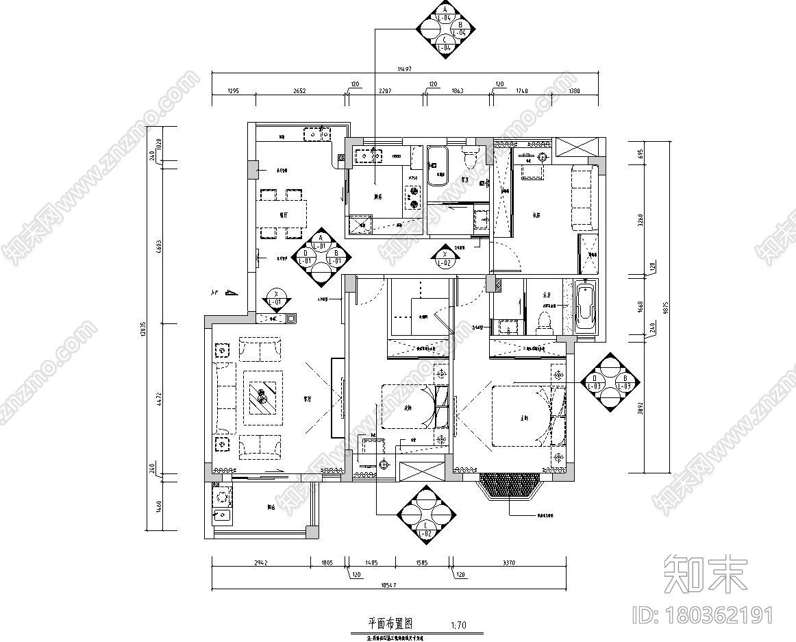 [江西]混搭中式风格116㎡住宅装修施工图cad施工图下载【ID:180362191】