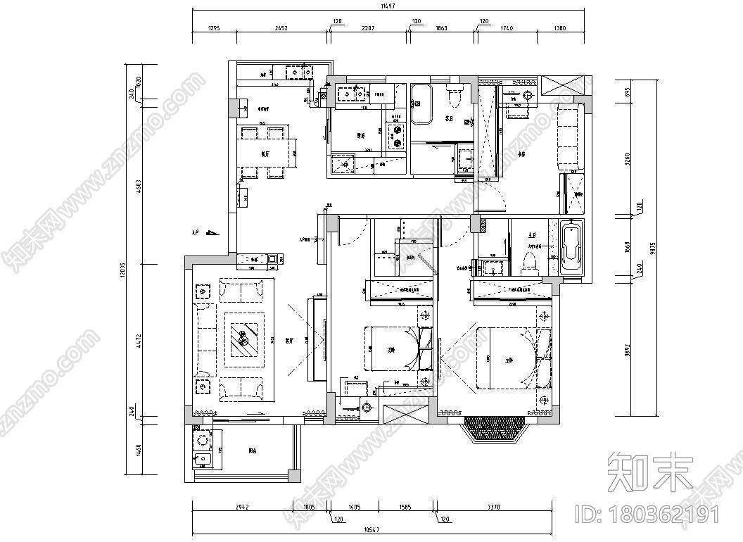 [江西]混搭中式风格116㎡住宅装修施工图cad施工图下载【ID:180362191】