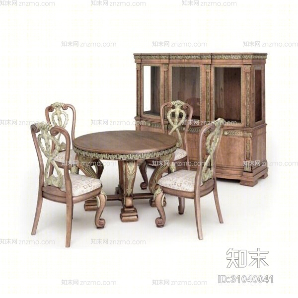 欧式简约棕色木艺餐桌椅组合3D模型下载【ID:31040041】