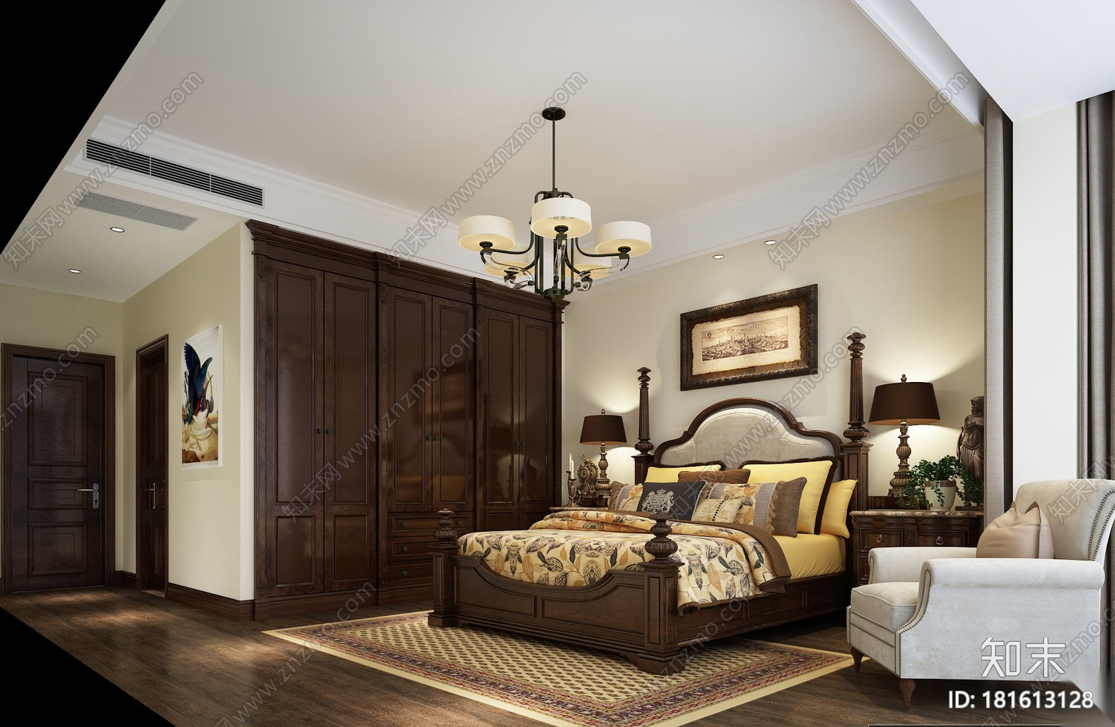 美式古典风格四居室装修施工图设计（附效果图）施工图下载【ID:181613128】