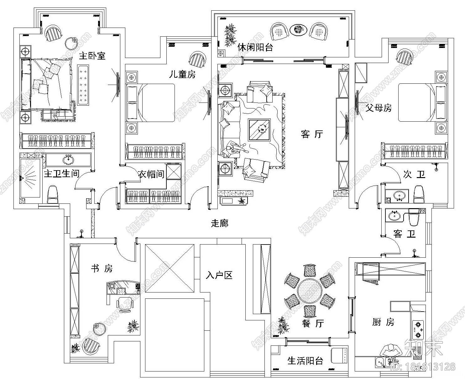 美式古典风格四居室装修施工图设计（附效果图）cad施工图下载【ID:181613128】