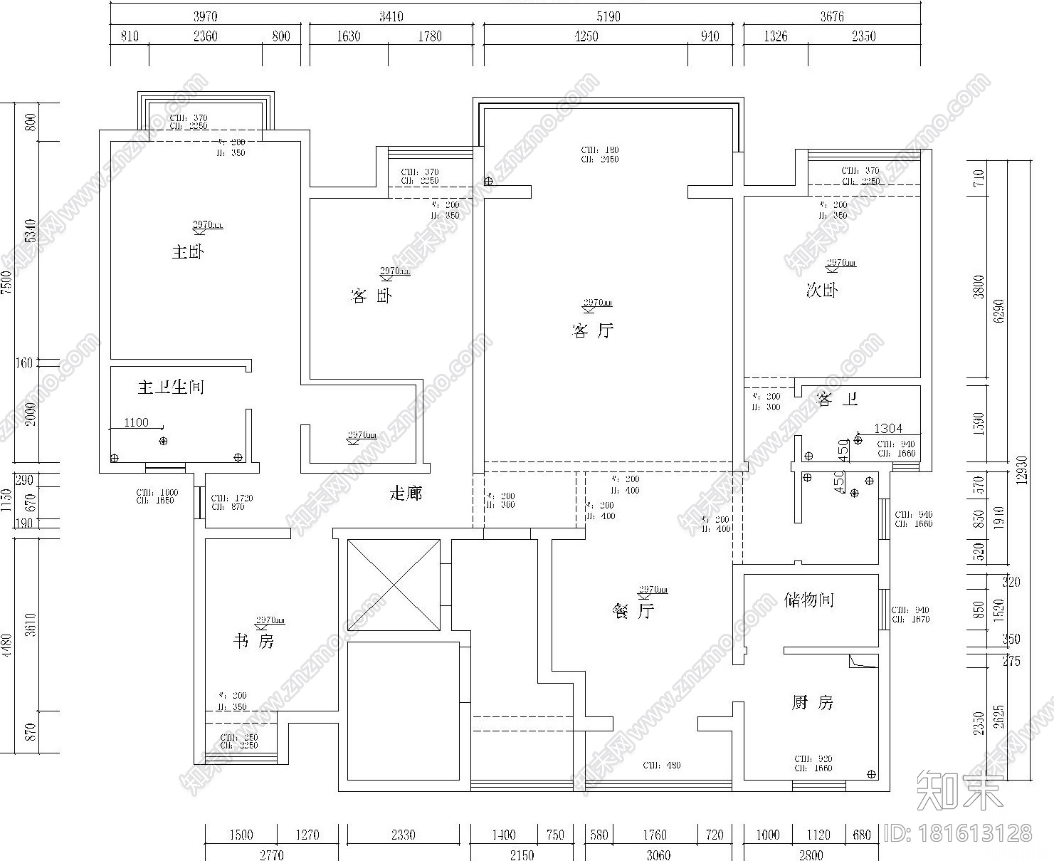 美式古典风格四居室装修施工图设计（附效果图）cad施工图下载【ID:181613128】