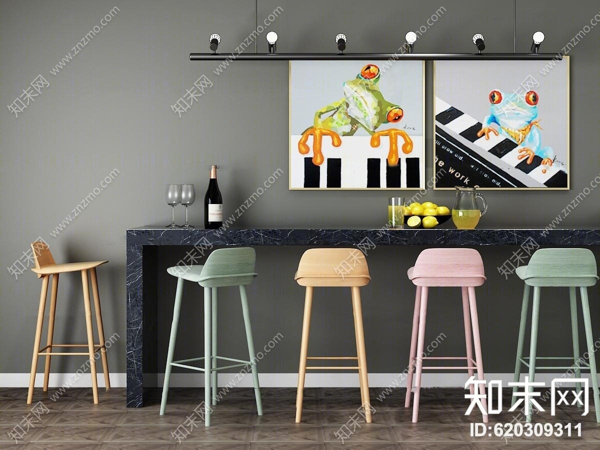 现代吧台吧椅吊灯装饰画组合3D模型下载【ID:66168337】