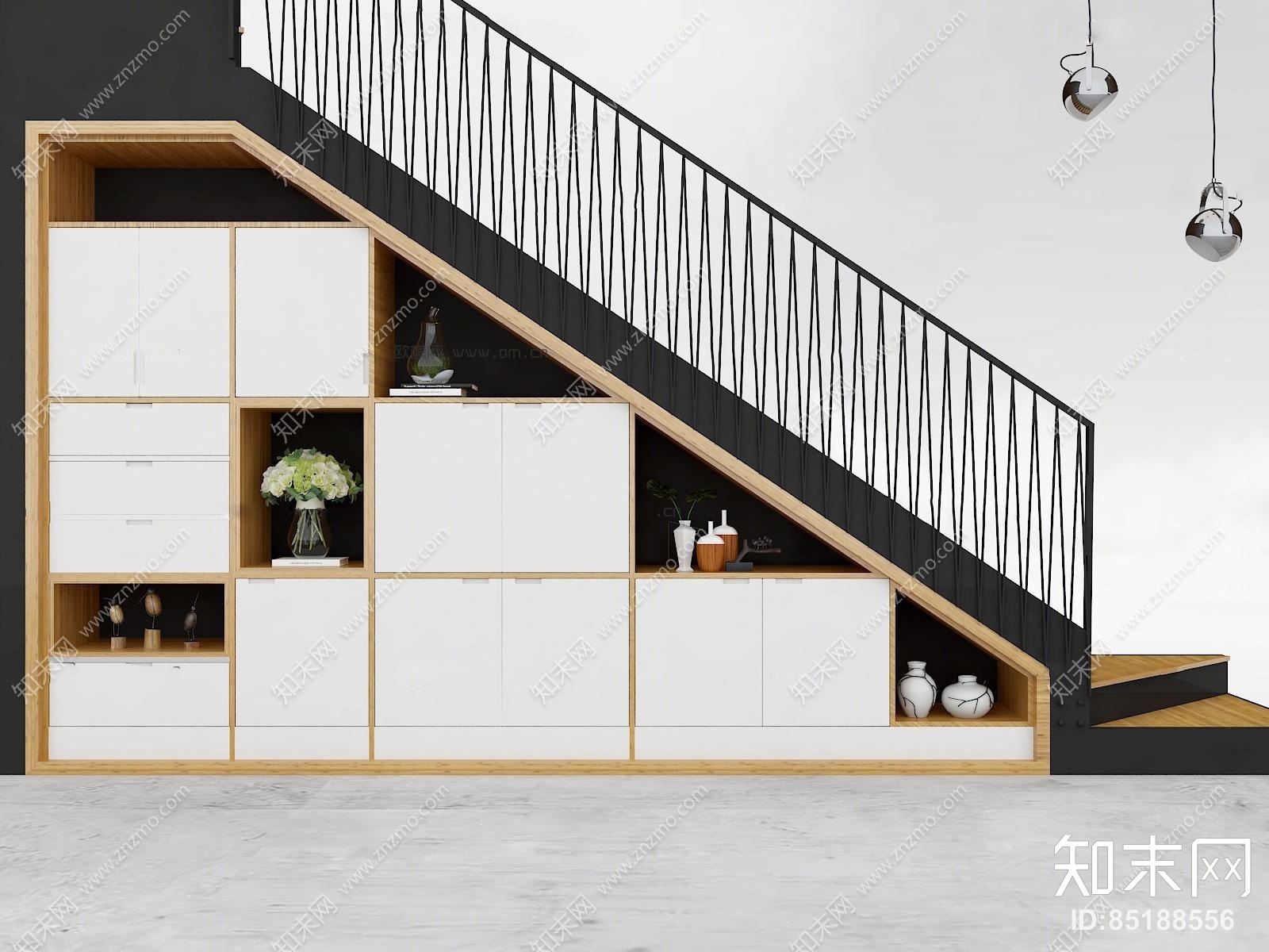 北欧实木装饰柜楼梯摆件吊灯组合3D模型下载【ID:85188556】