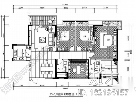 [广西]时尚中式风格四室两厅室内装修施工图（含效果）cad施工图下载【ID:182194157】