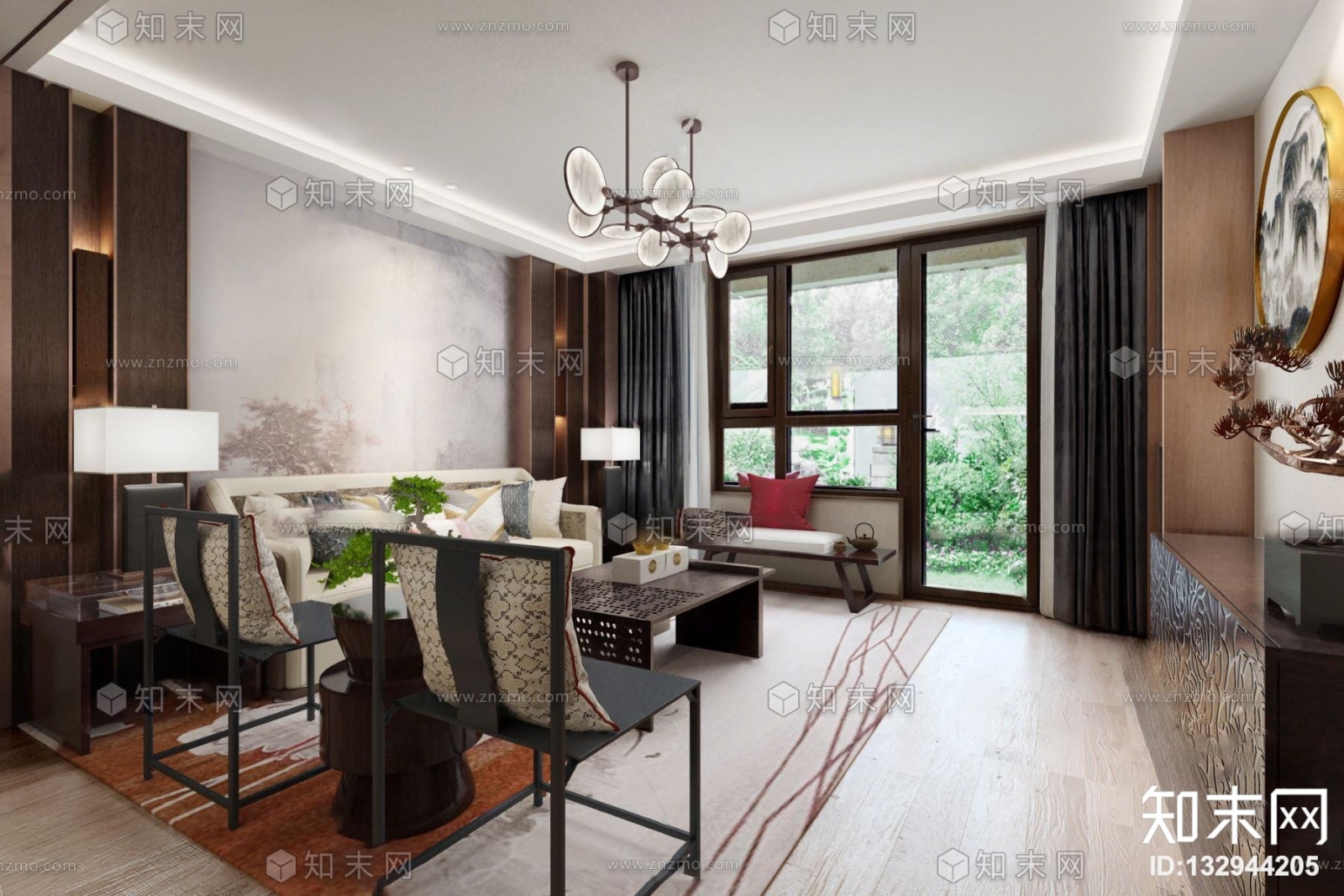 几何空间设计新中式客厅3D模型下载【ID:132944205】