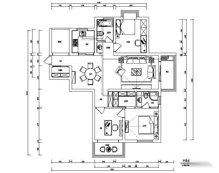 现代简约风蓝色淡雅三居室住宅设计施工图（附效果图）cad施工图下载【ID:160474156】