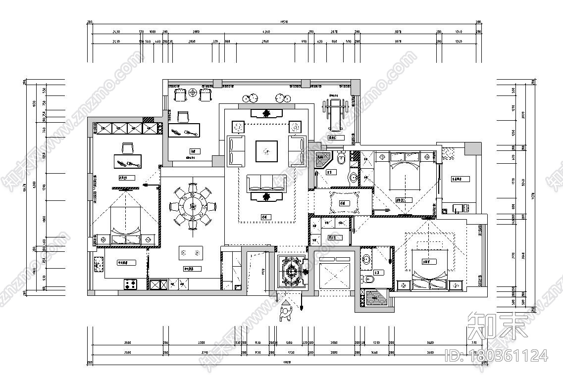 欧式风格国际公馆三居室住宅装修施工图设计施工图下载【ID:180361124】