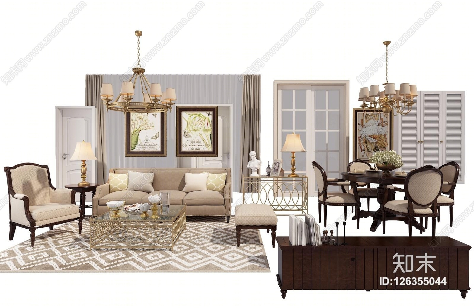 美式沙发茶几电视柜推拉门吊灯组合3D模型下载【ID:126355044】