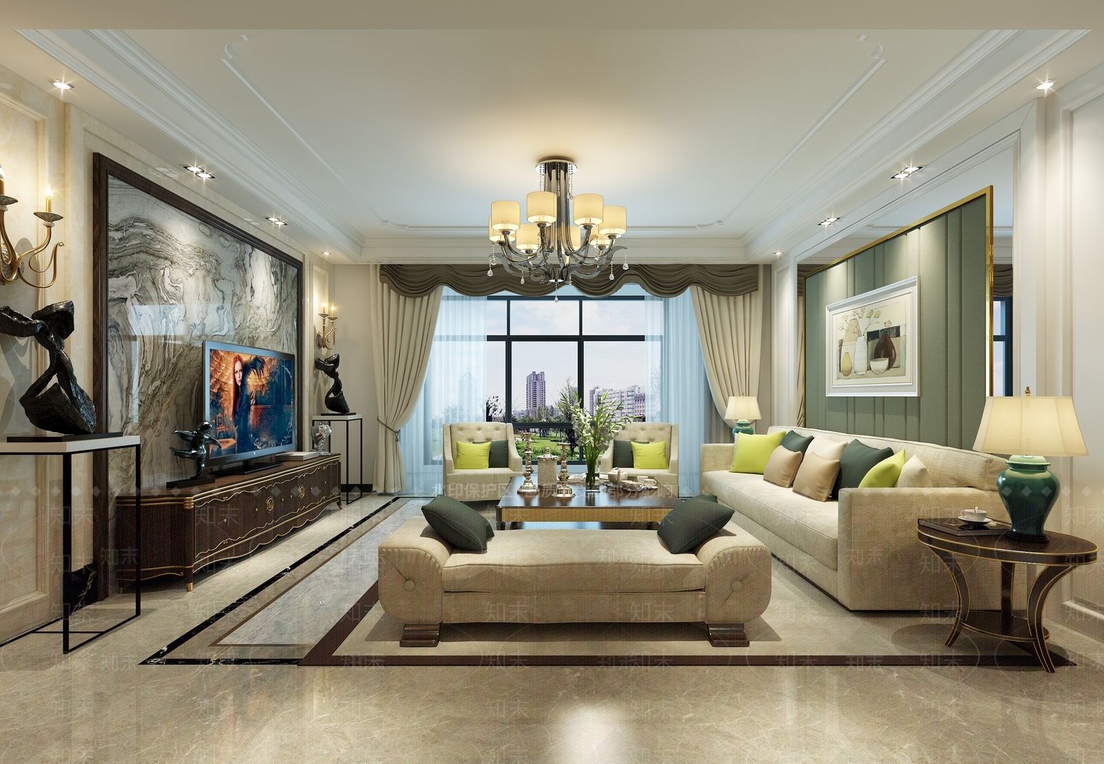 简欧客厅餐厅玄关厨房沙发餐桌椅玄关柜水晶灯挂画电视柜模型组合3D模型下载【ID:832505303】