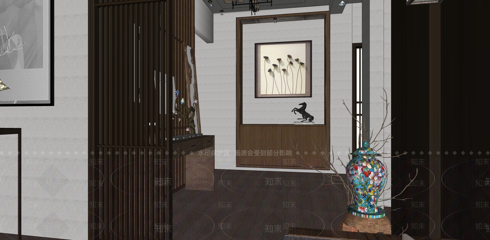 新中式室内设计模型滑动门SU模型下载【ID:932232824】