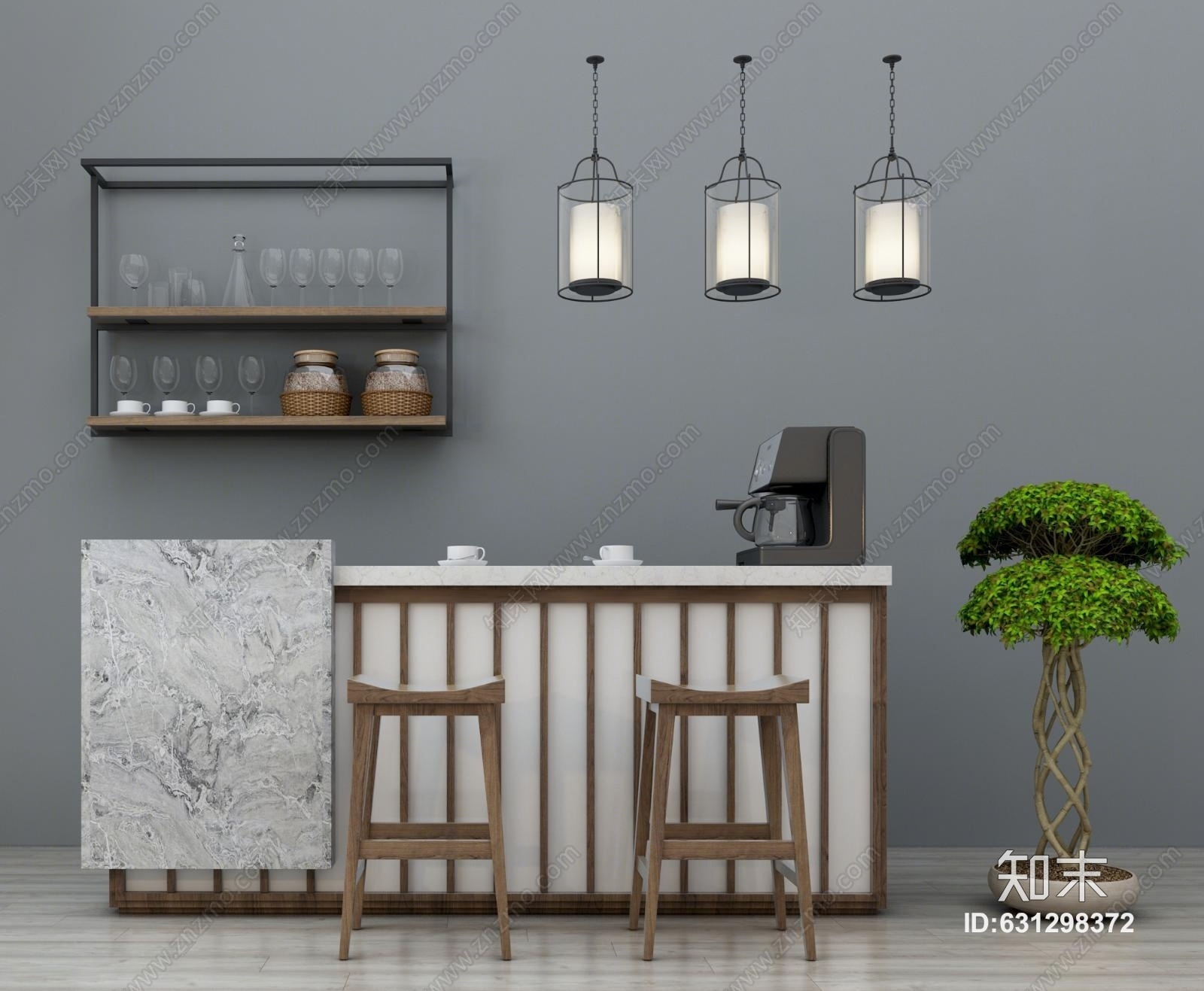 新中式吧台椅子组合3D模型下载【ID:631298372】