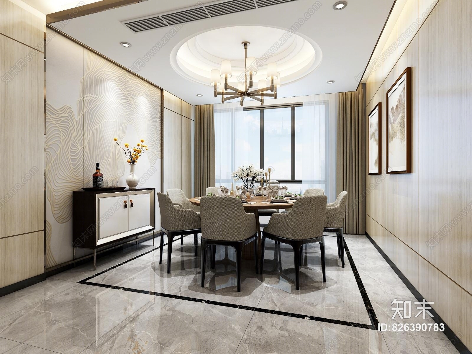 新中式餐厅新中式圆形餐桌新中式餐边柜新中式背景画3D模型下载【ID:826390783】