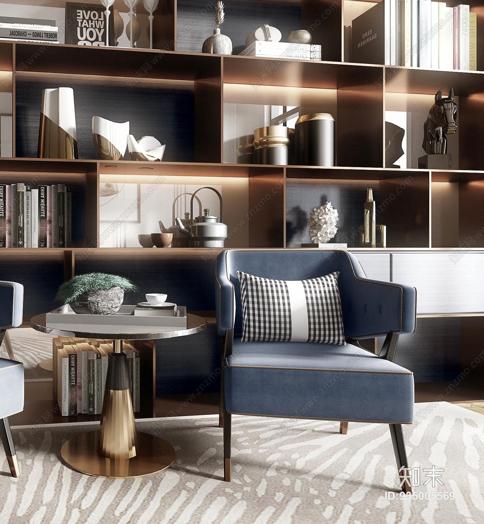 现代轻奢书柜椅子组合3d模型 Id 知末3d模型网
