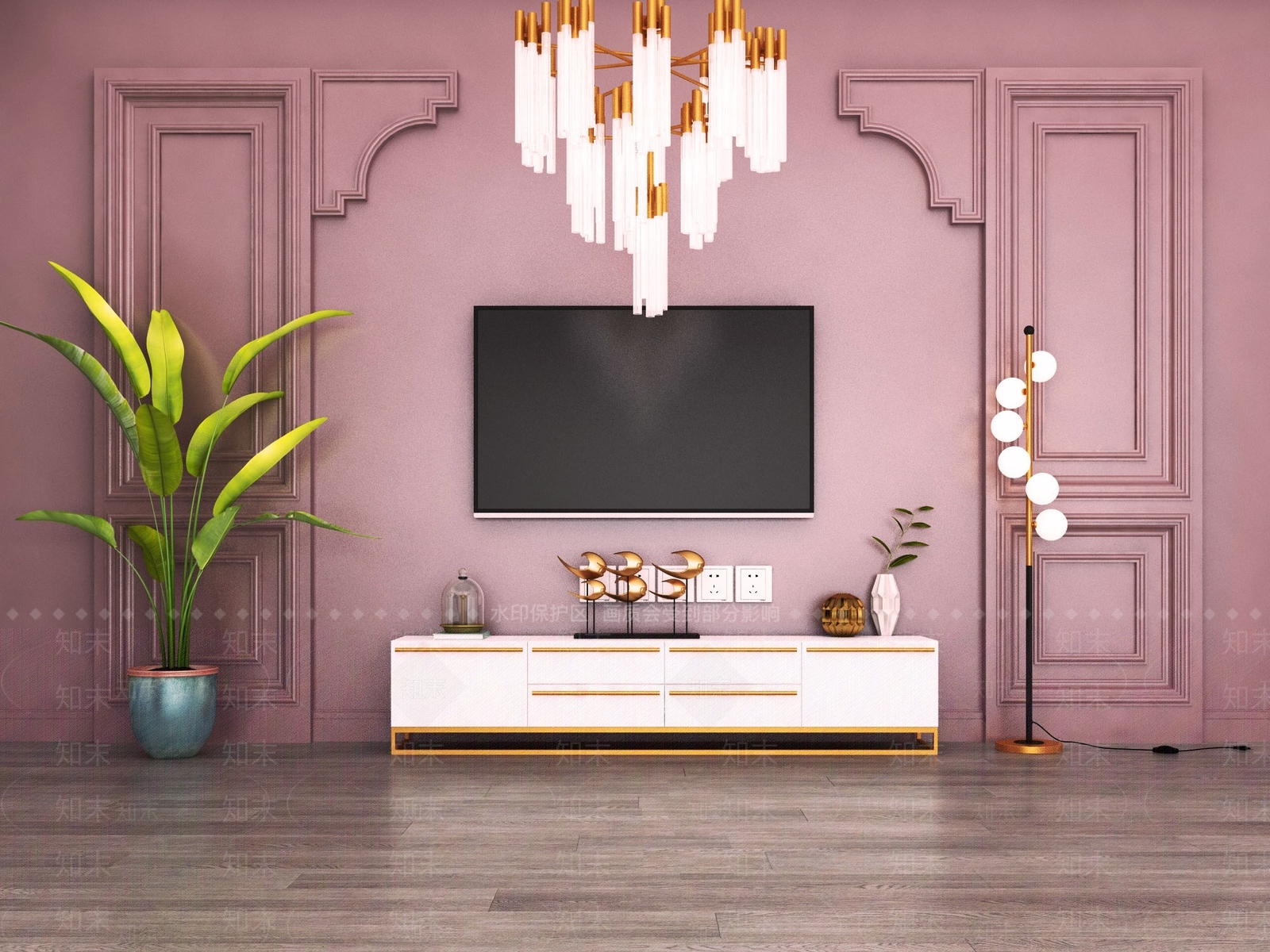 后现代电视柜护墙板电视背景墙绿植吊灯装饰物3D模型下载【ID:935117861】
