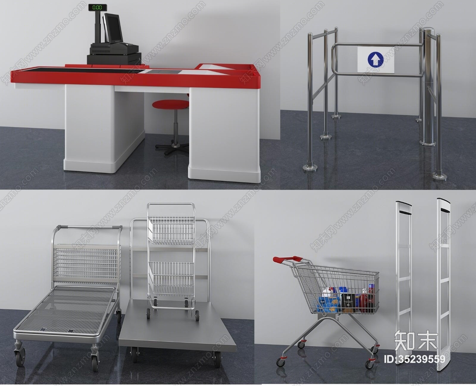 超市收银台购物车3D模型下载【ID:35239559】