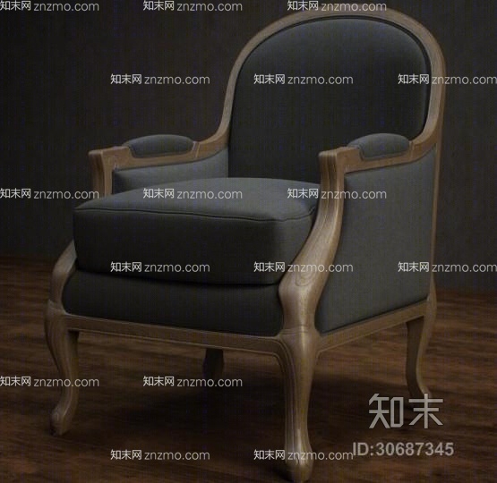 美式简约蓝色布艺扶手椅3D模型下载【ID:30687345】