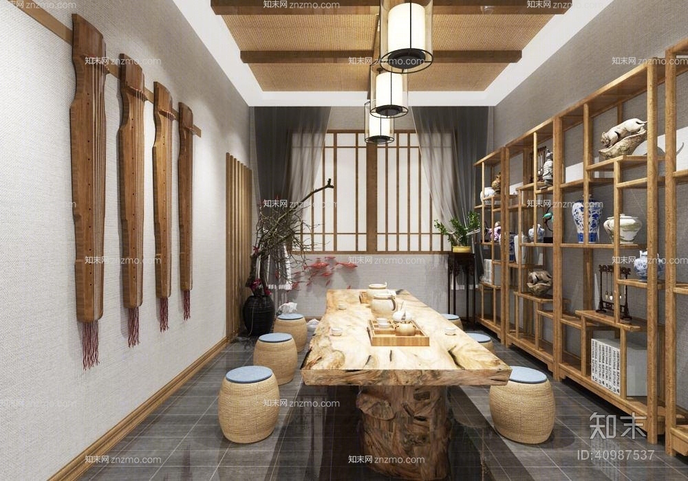 禅意中式木艺凳子3D模型下载【ID:40987537】