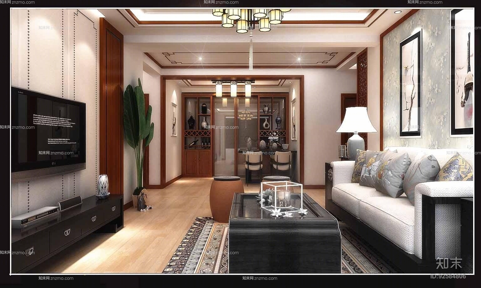 新中式黑色长方形木艺电视柜3D模型下载【ID:92584806】