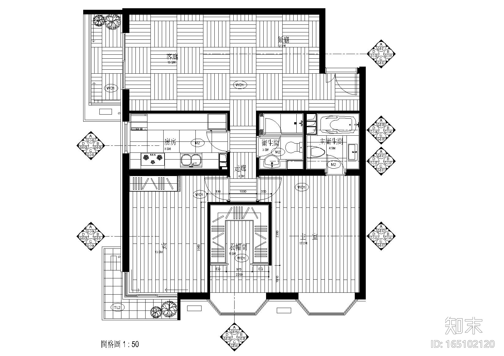 [福建]福州家装二居室样板间施工图cad施工图下载【ID:165102120】